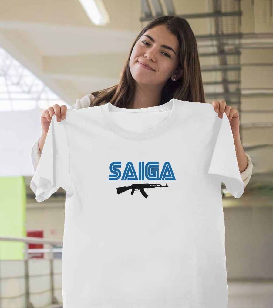 SAIGA AK47 Rifle Bold Blue Text T-Shirt