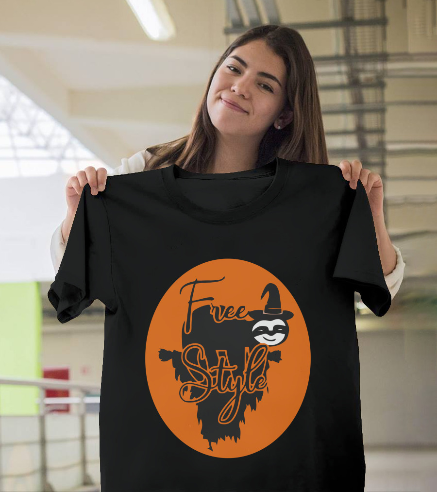 Free Style Halloween Sloth With Witch Hat In Orange Oval T-Shirt