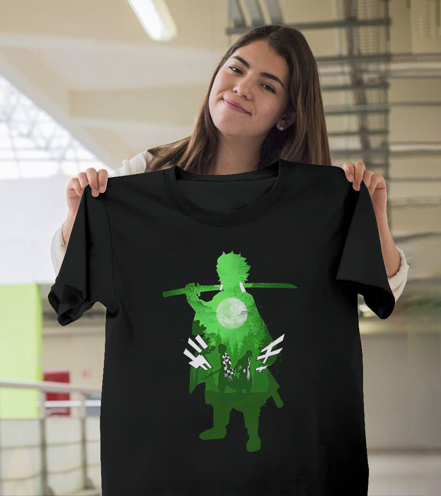 Demon Slayer Anime Tanjiro Kamado Green Silhouette With Moon And Sword T-Shirt