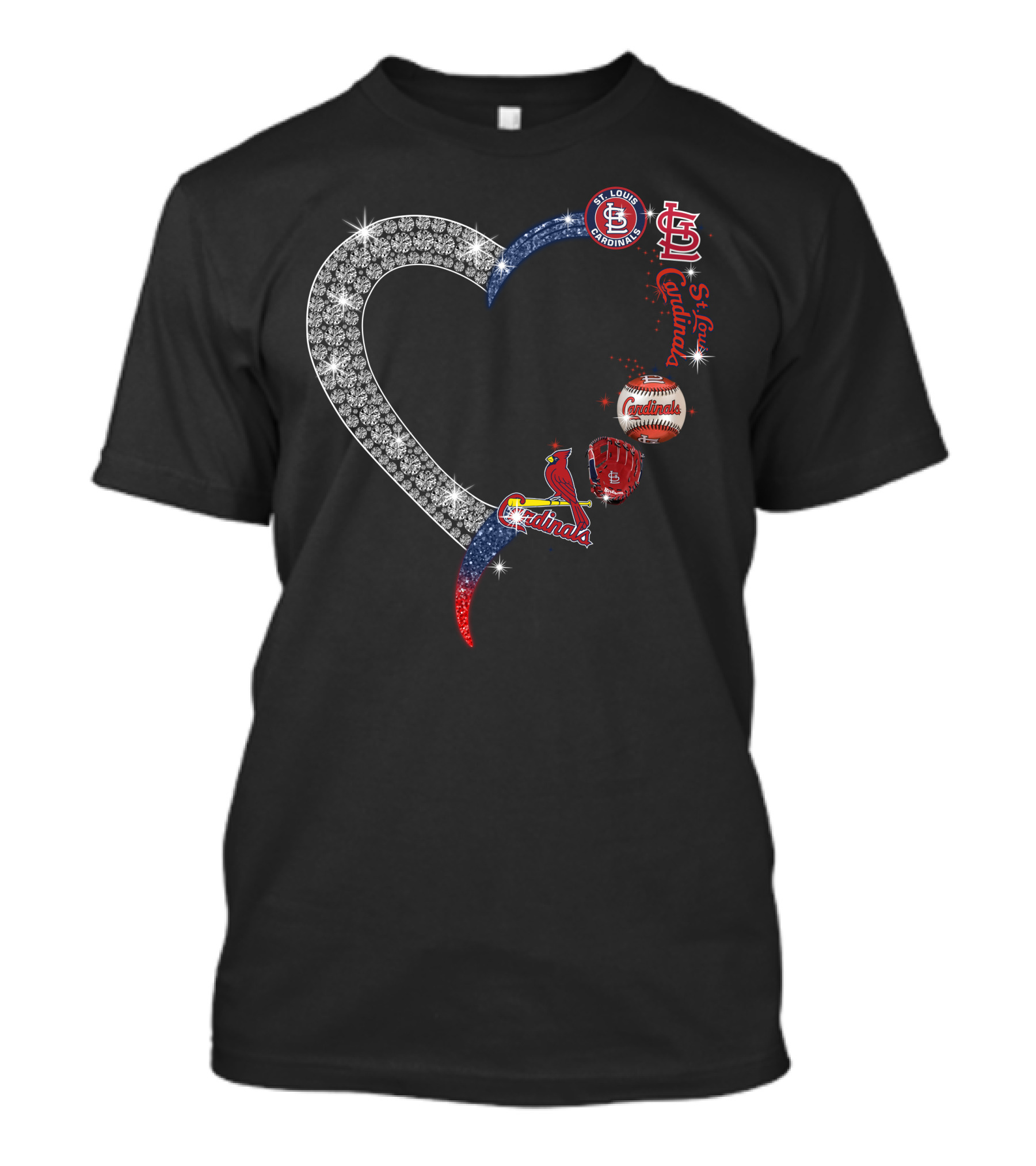 STL Cardinals Glitter Heart St. Louis Baseball Elements T-Shirt