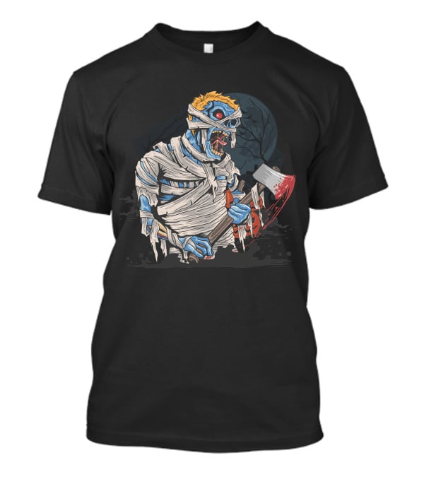 Zombie With Bloody Axe And Tattered Mummy Wrappings Under Full Moon T-Shirt