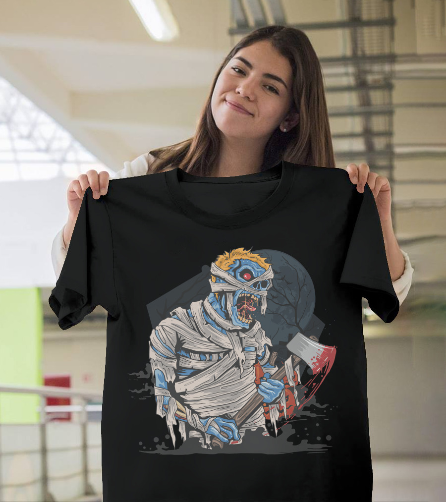 Zombie With Bloody Axe And Tattered Mummy Wrappings Under Full Moon T-Shirt