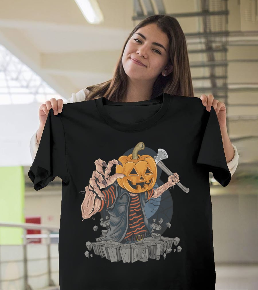 Pumpkin Head Zombie With Axe And Striped Shirt Emerging From Ground T-Shirt