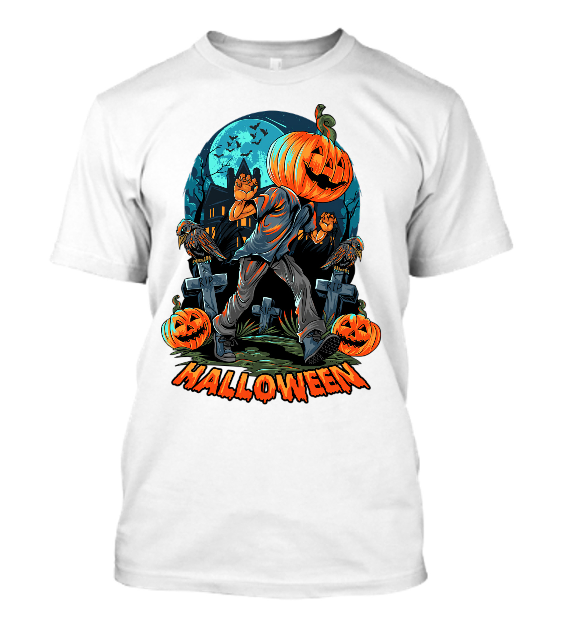 Spooky Halloween Pumpkin Head Costume With Haunted House And Bats T-Shirt