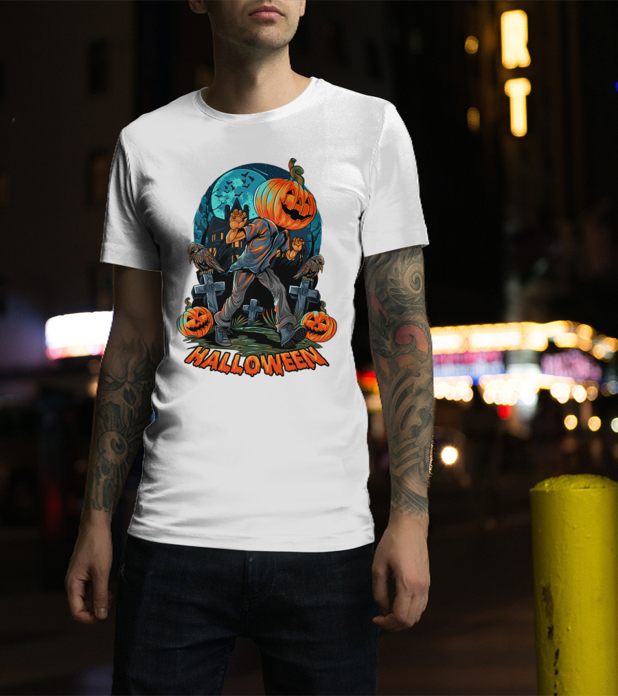 Spooky Halloween Pumpkin Head Costume With Haunted House And Bats T-Shirt