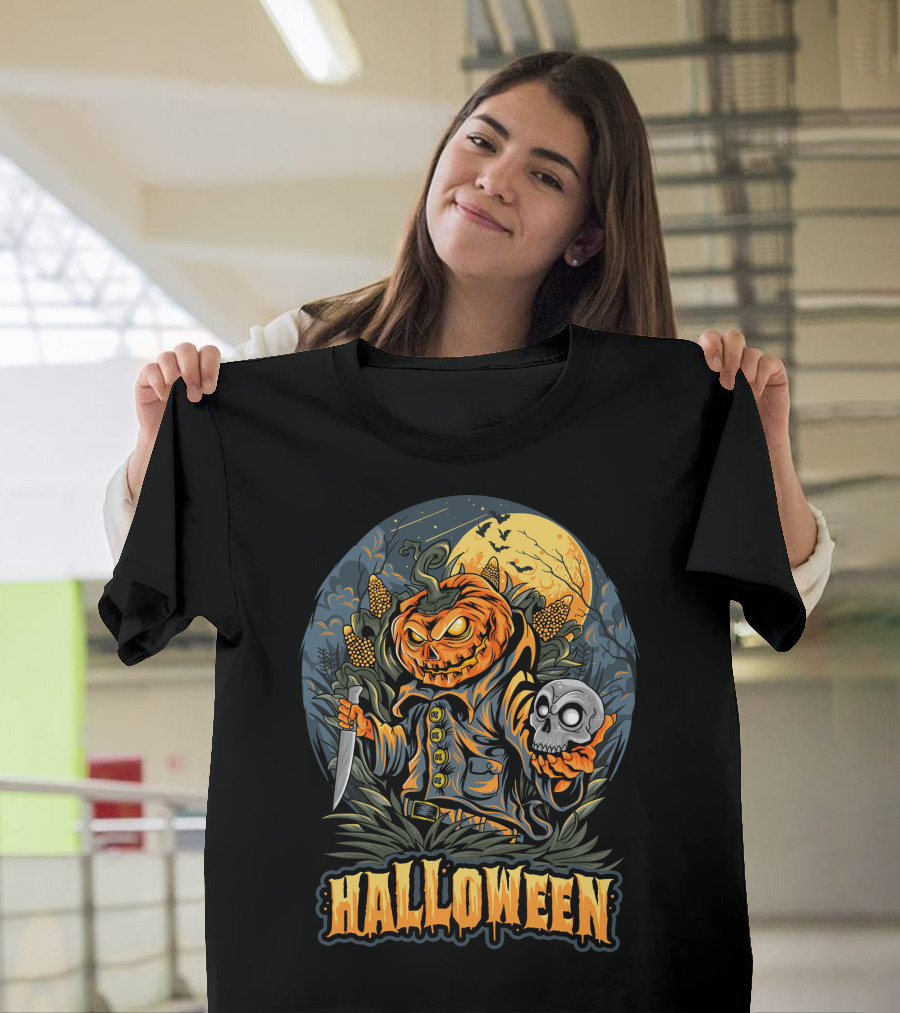 Halloween Pumpkin Head With Knife And Skull In Cornfield Scene T-Shirt