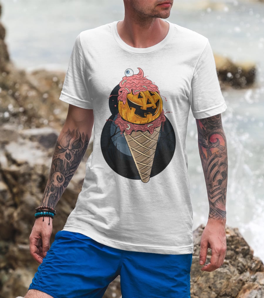 Ice Cream Pumpkin Creepy Cone Halloween Mashup T-Shirt