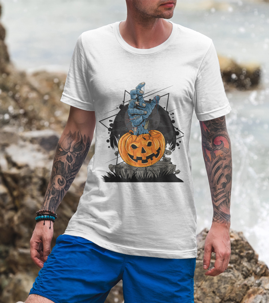 Zombie Hand Emerging From Pumpkin With Spooky Halloween Moon Background T-Shirt