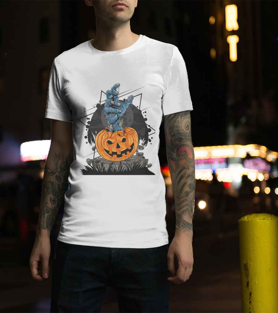 Zombie Hand Emerging From Pumpkin With Spooky Halloween Moon Background T-Shirt