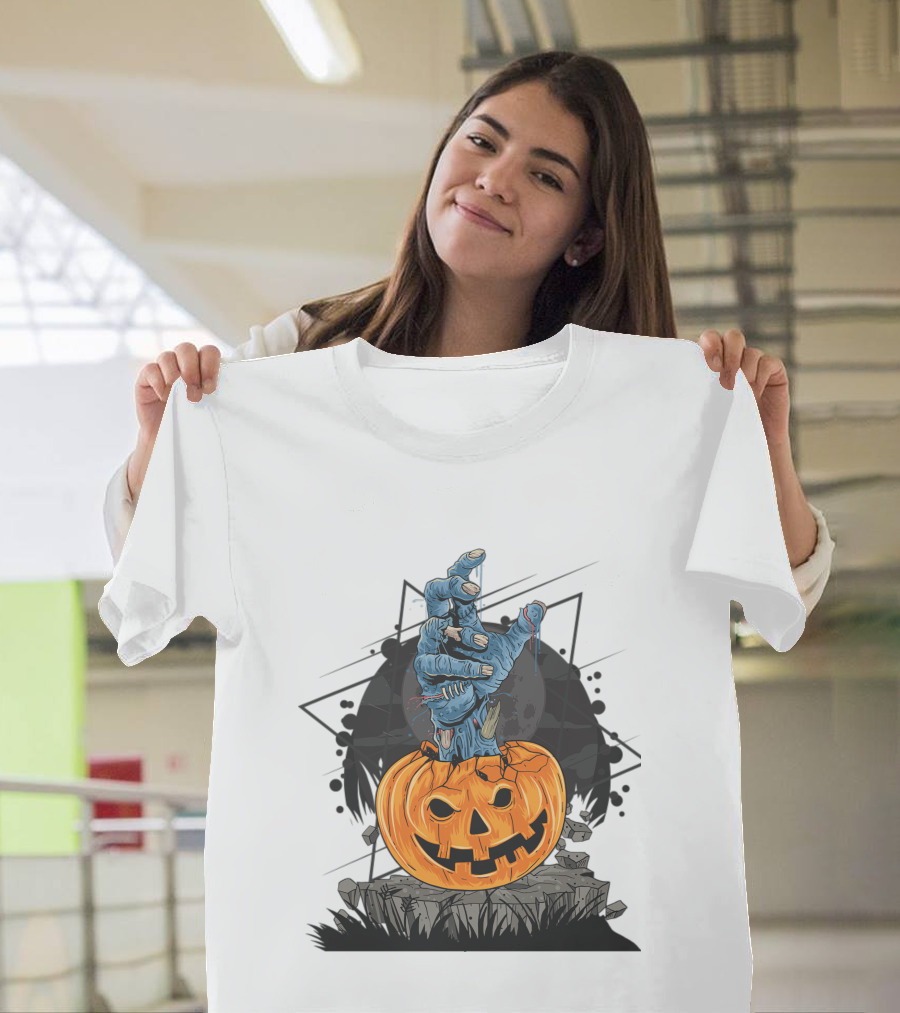 Zombie Hand Emerging From Pumpkin With Spooky Halloween Moon Background T-Shirt