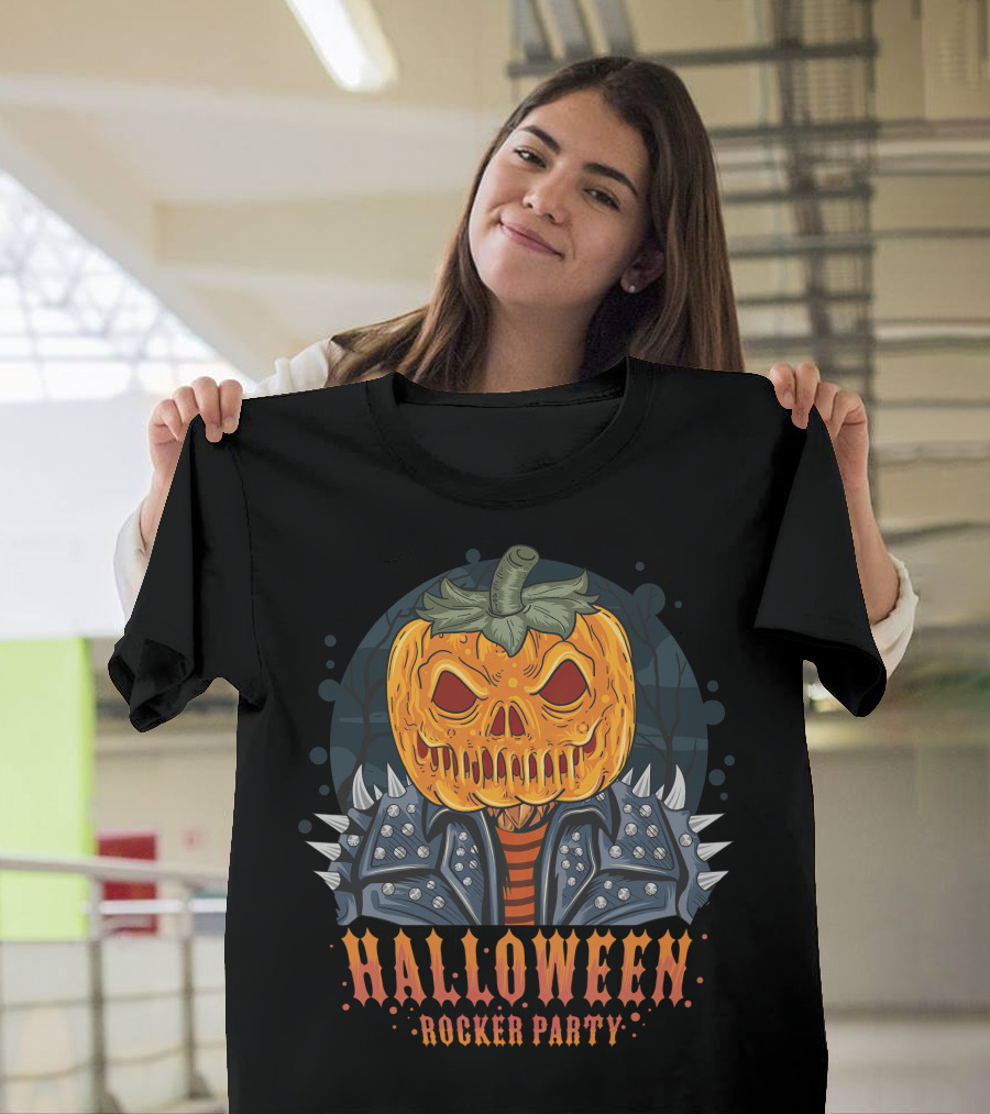 Halloween Rocker Party Pumpkin Head Spiked Jacket T-Shirt