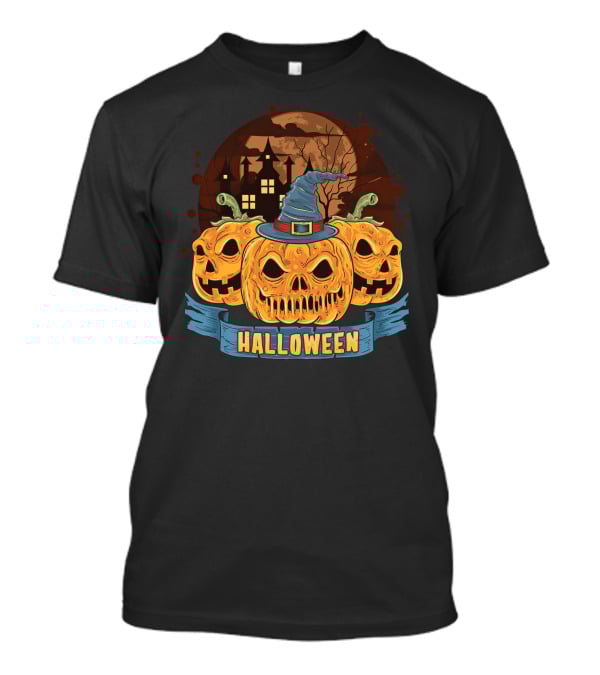 Halloween Spooky Pumpkins With Haunted House And Witch Hat T-Shirt