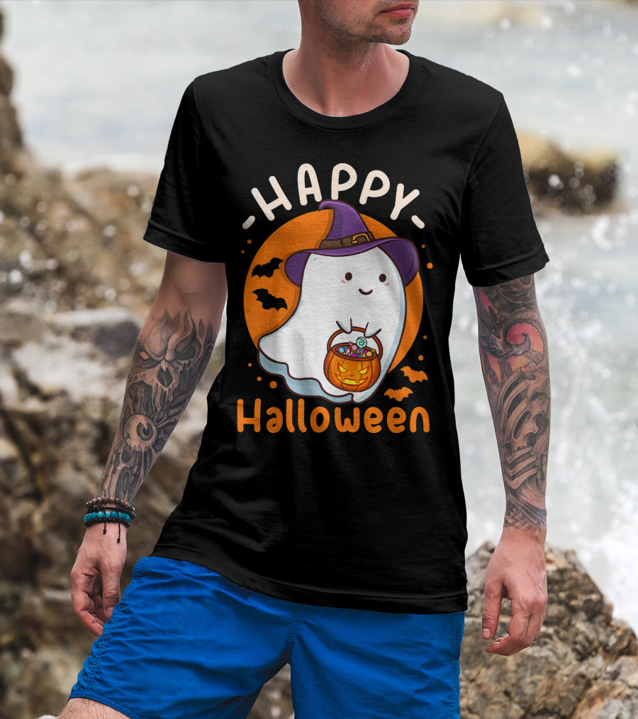 Happy Halloween Ghost With Pumpkin And Witch Hat T-Shirt