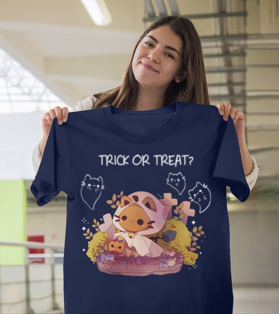 Trick Or Treat Kitty Ghost With Pumpkin And Crosses T-Shirt