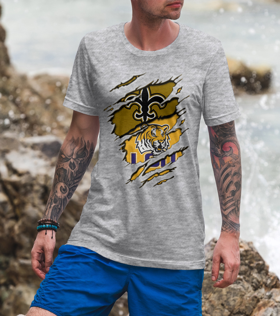 Saints Fleur-de-Lis And LSU Tiger Logo Combination T-Shirt