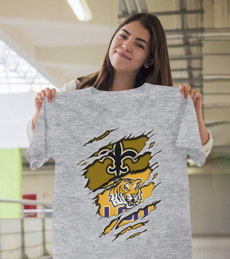 Saints Fleur-de-Lis And LSU Tiger Logo Combination T-Shirt