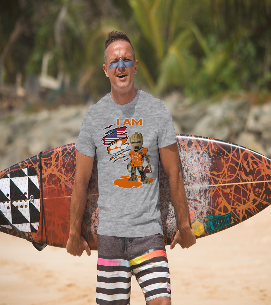 I AM Groot Clemson Football American Flag Background T-Shirt