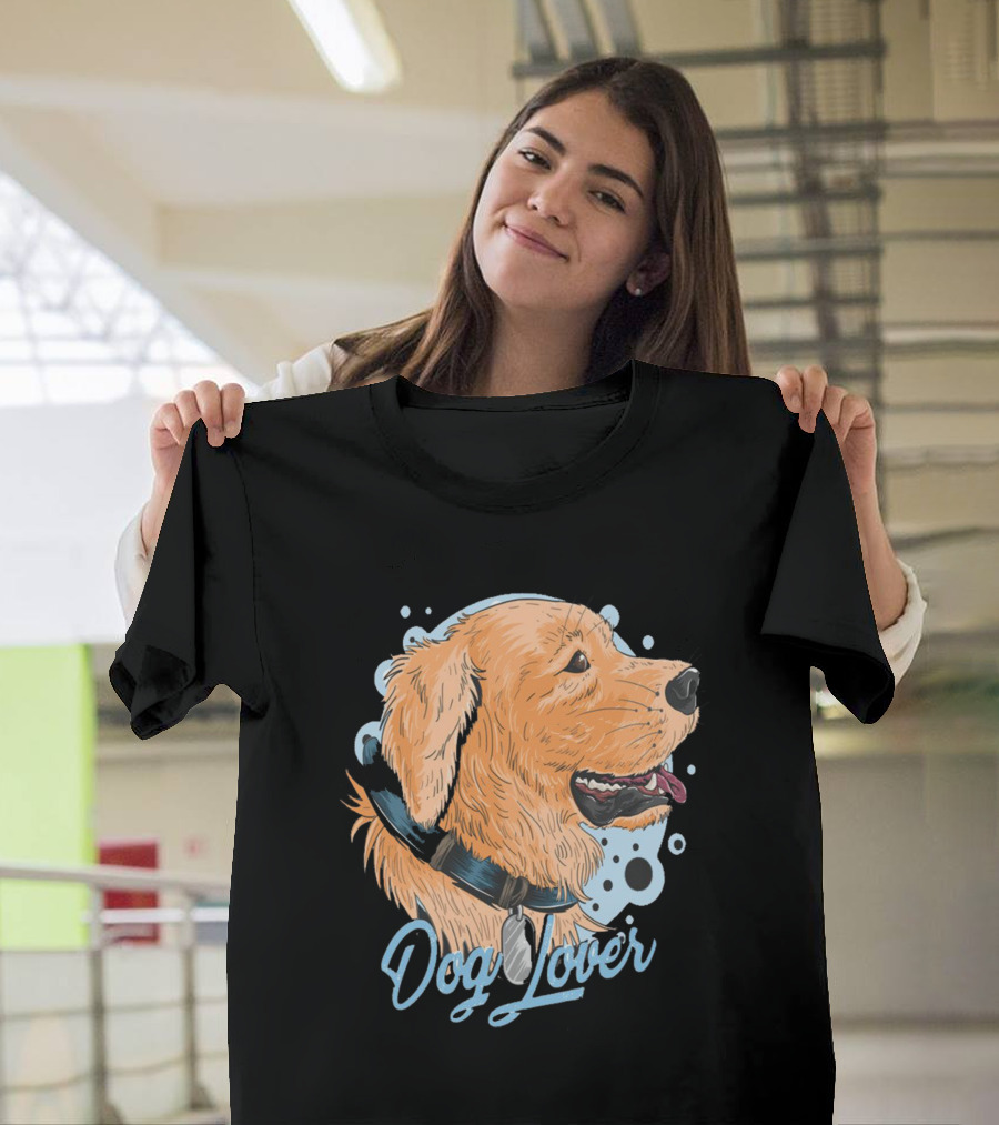 Dog Lover Happy Golden Retriever Head with Collar and Blue Bubbles T-Shirt