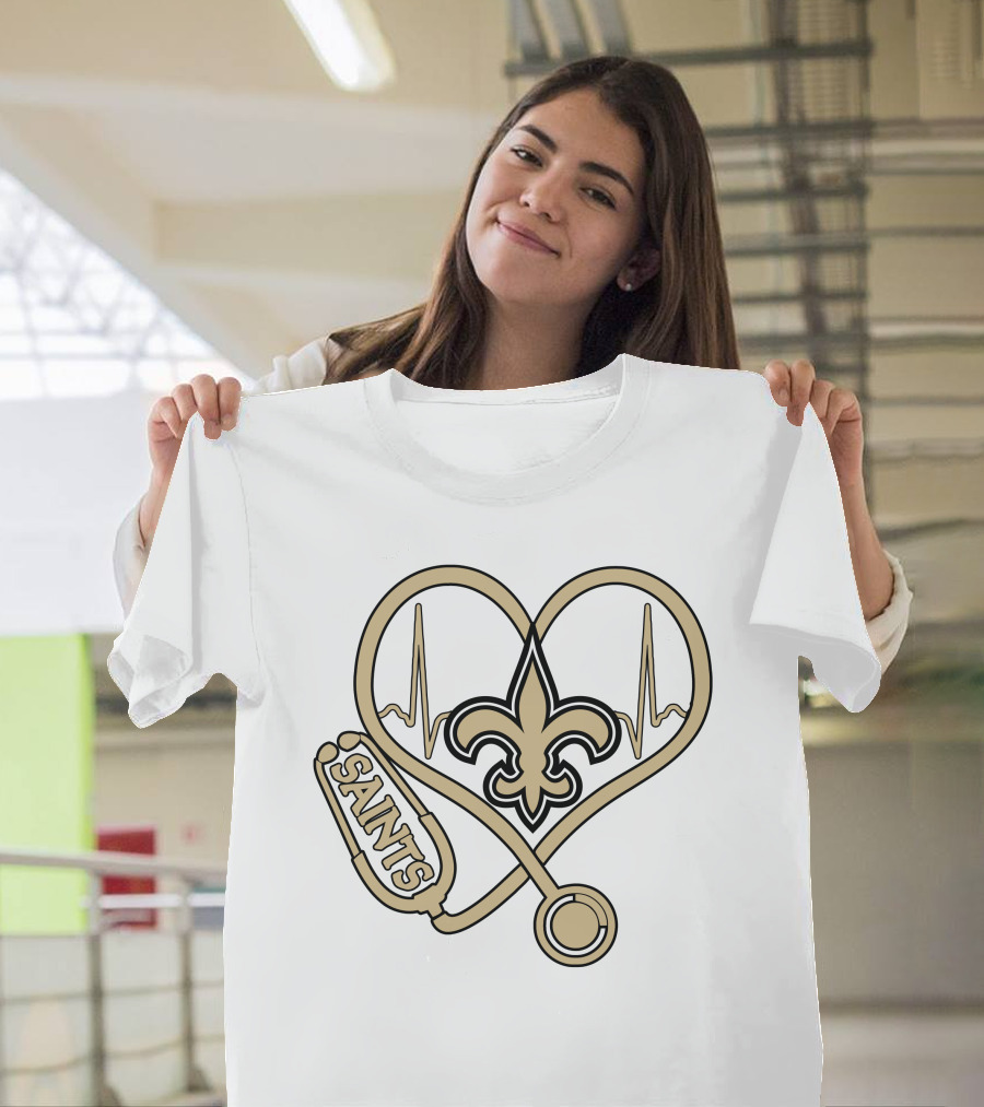 Nurse Love Saints Heartbeat Fleur-de-Lis Football T-Shirt