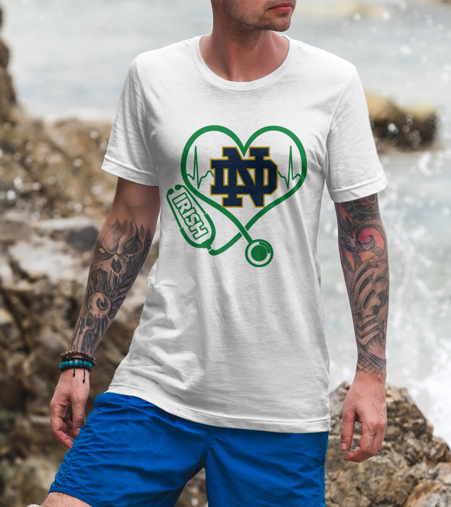 Nurse Love ND Irish Heartbeat Stethoscope Notre Dame Fighting Irish T-Shirt