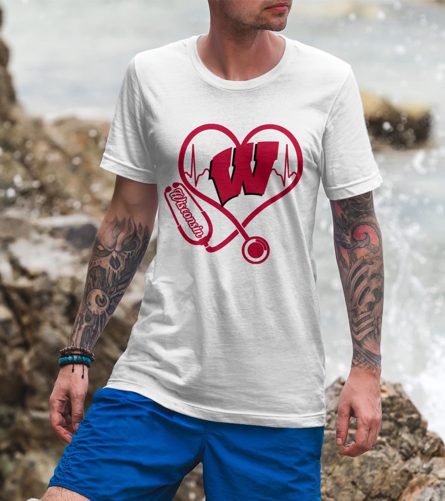 Nurse Love Wisconsin Badgers Heartbeat Stethoscope T-Shirt