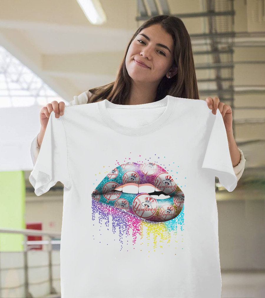 Yankees Lips Colorful Glitter Baseball T-Shirt