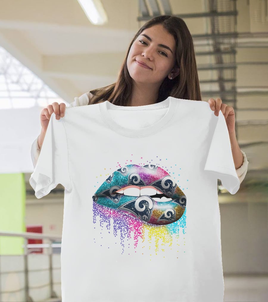 Lips Glitter Los Angeles Rams Logo Rainbow Burst T-Shirt