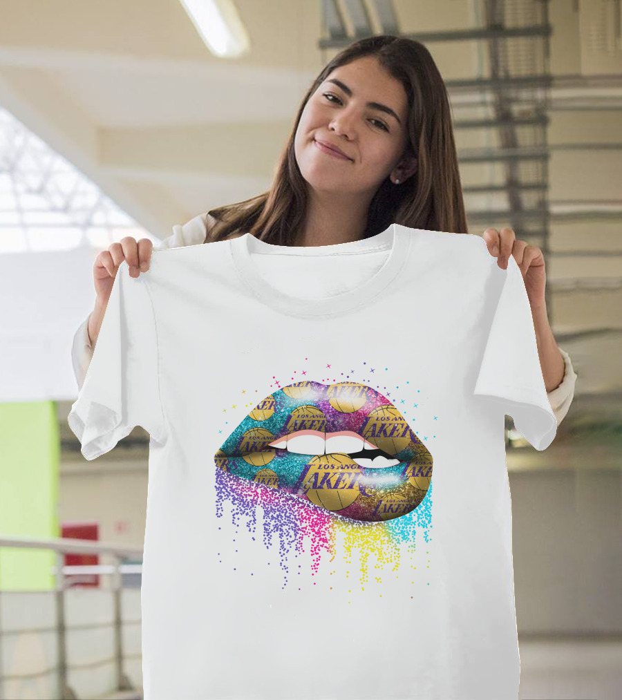 Lips Los Angeles Lakers Basketball Logo Glitter T-Shirt