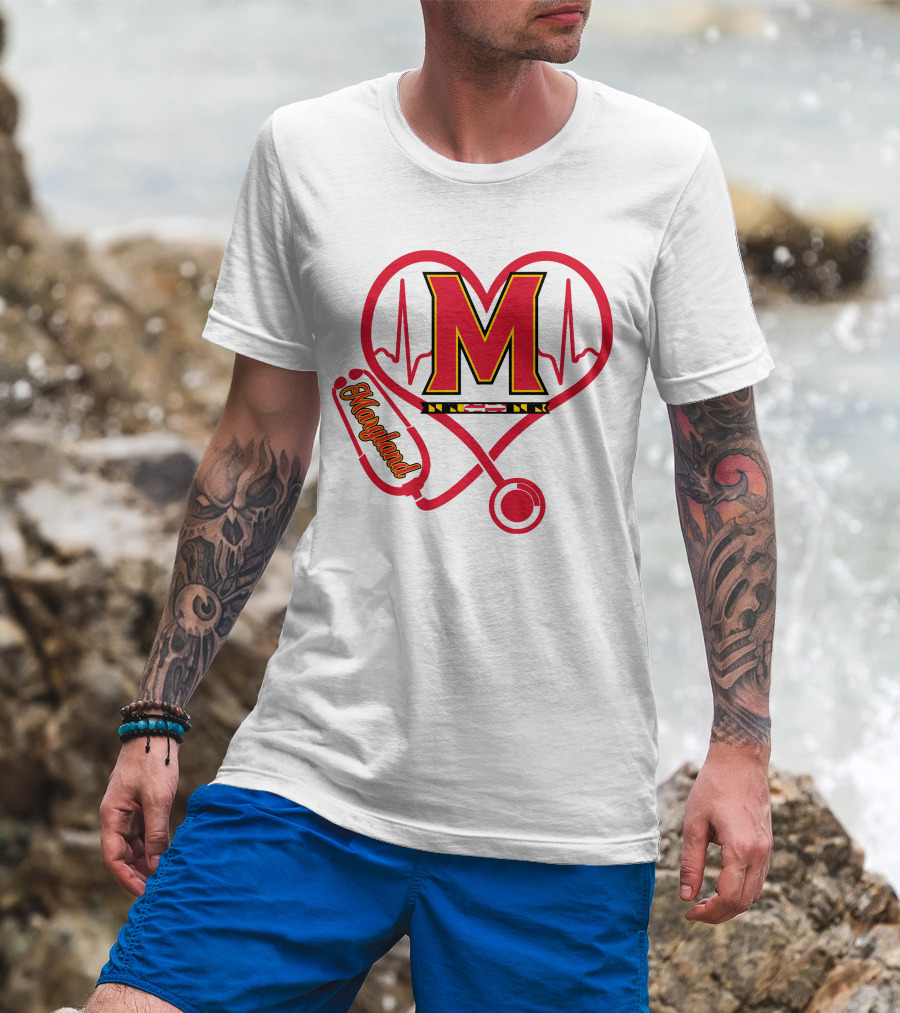 Nurse Love Maryland Terps Heartbeat Stethoscope T-Shirt