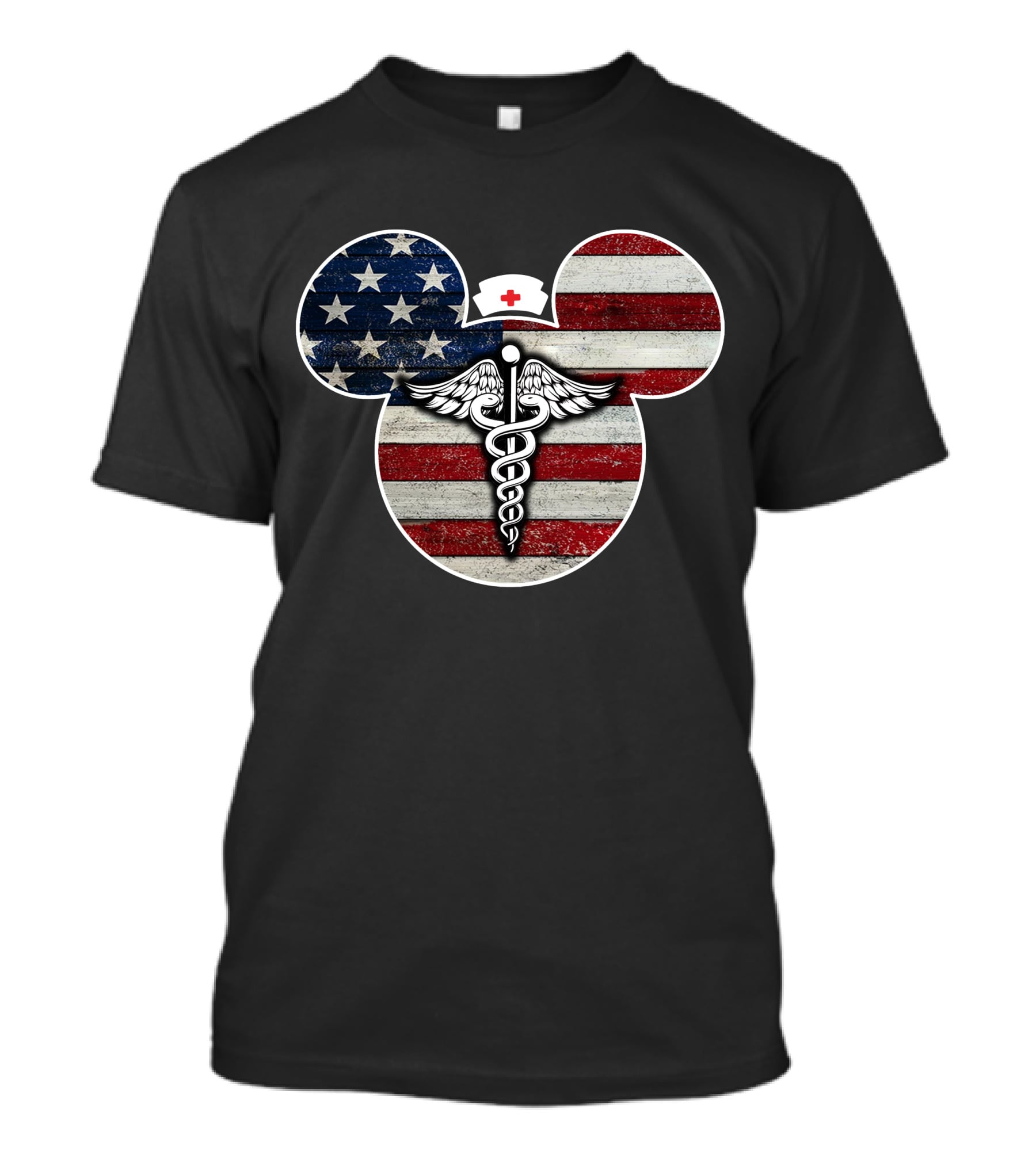 Patriotic Nurse Mickey With Caduceus And American Flag Elements T-Shirt