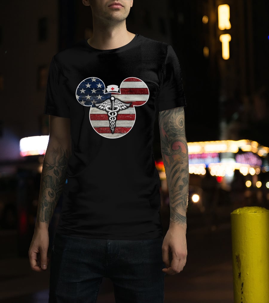 Patriotic Nurse Mickey With Caduceus And American Flag Elements T-Shirt