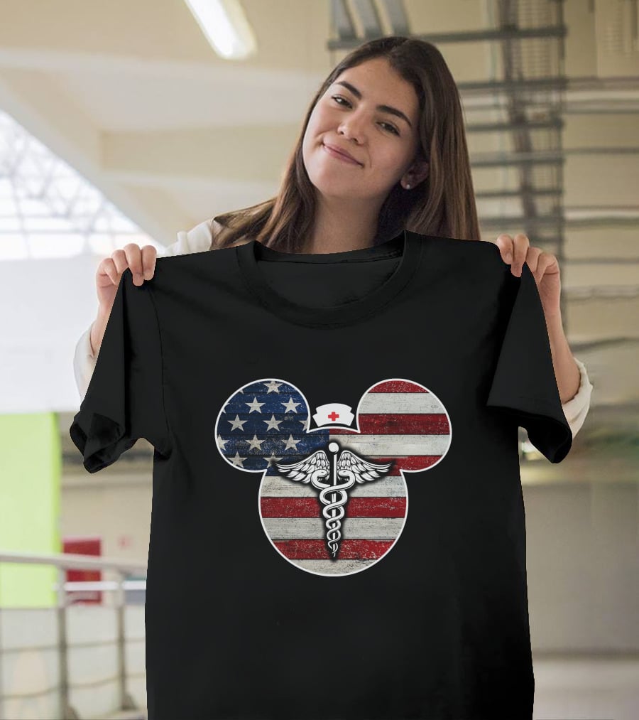Patriotic Nurse Mickey With Caduceus And American Flag Elements T-Shirt