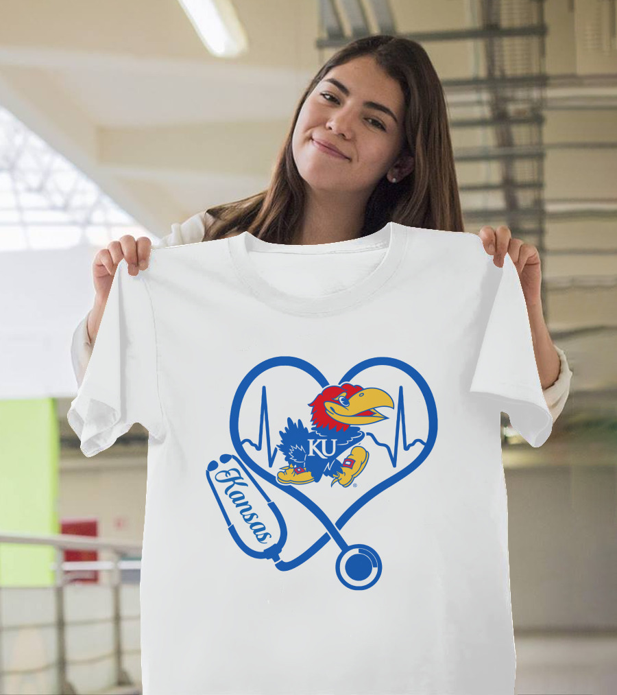 Nurse Love Kansas Jayhawks Heartbeat Stethoscope KU T-Shirt