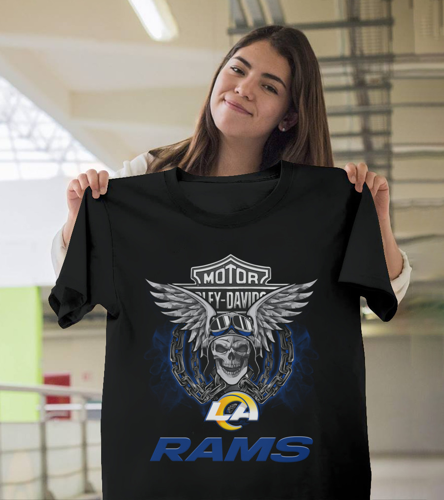 Harley Davidson Motorcycle Biker Skull Wings Nfl Los Angeles Rams T-Shirt