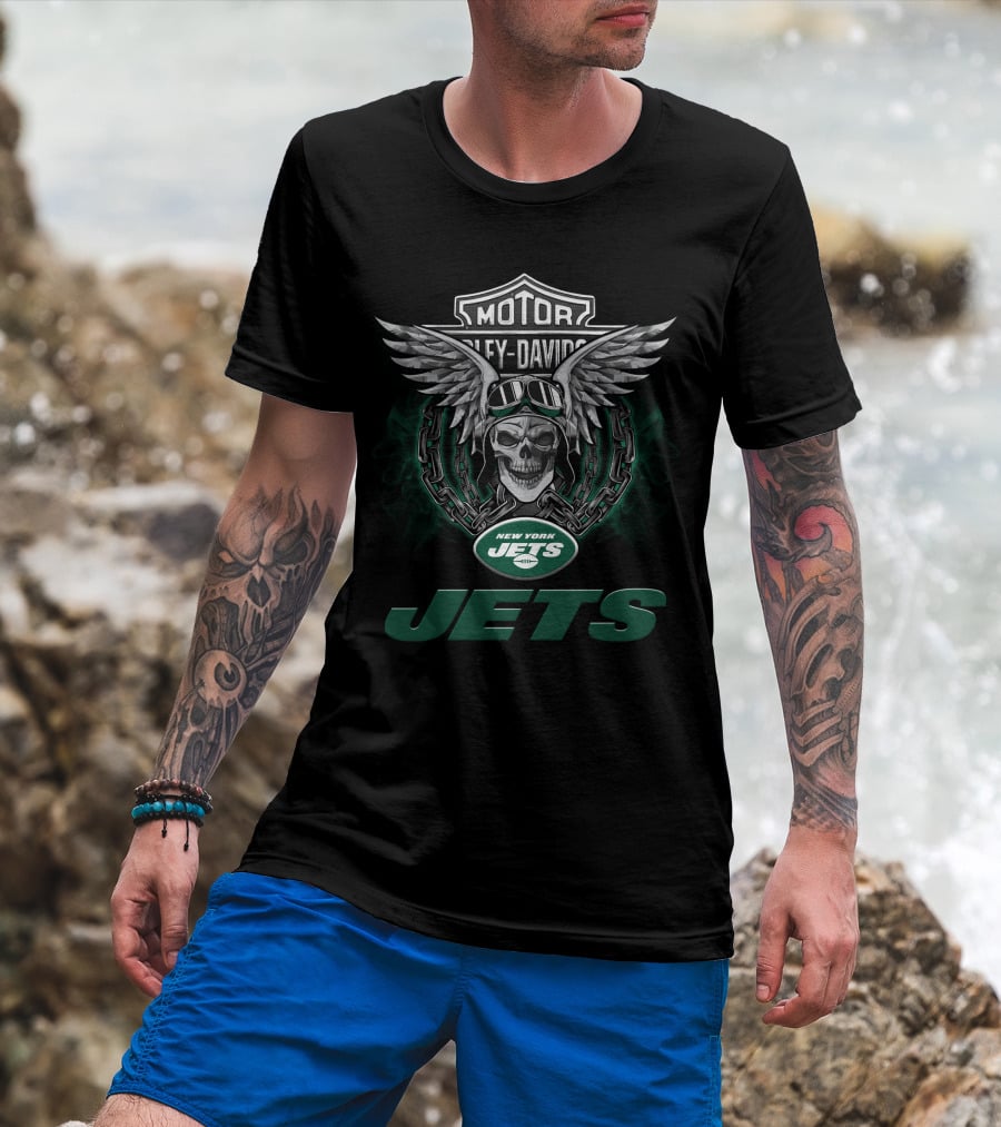 Harley Davidson Motorcycle Biker Skull With Wings Nfl New York Jets T-Shirt
