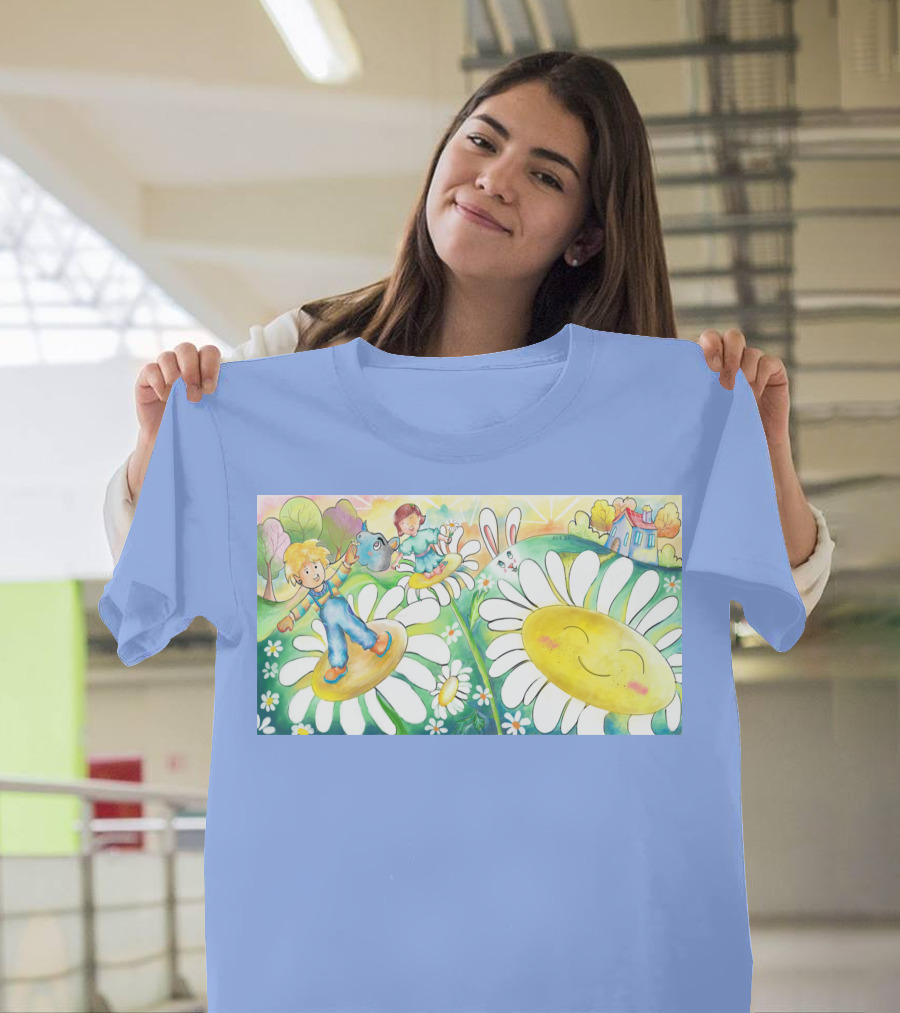 Lodo Happy Sunflower Meadows with Kids and Bunny in a Vibrant Landscape T-Shirt