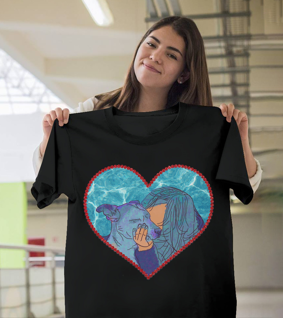 Adopt Don't Shop Heart Embrace Of Woman And Dog In Blue And Red Heart T-Shirt