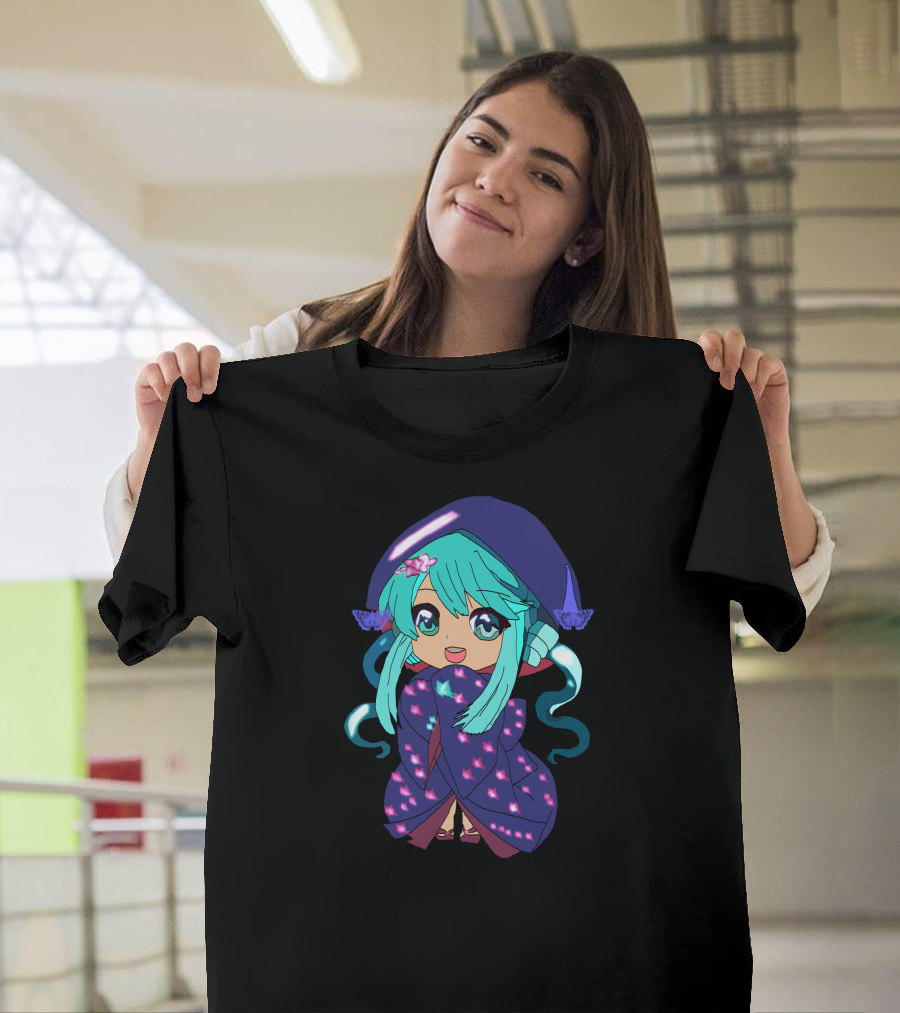 Chibi Girl Wrapped In Star-Patterned Blanket With Blue Hair And Pink Bow T-Shirt