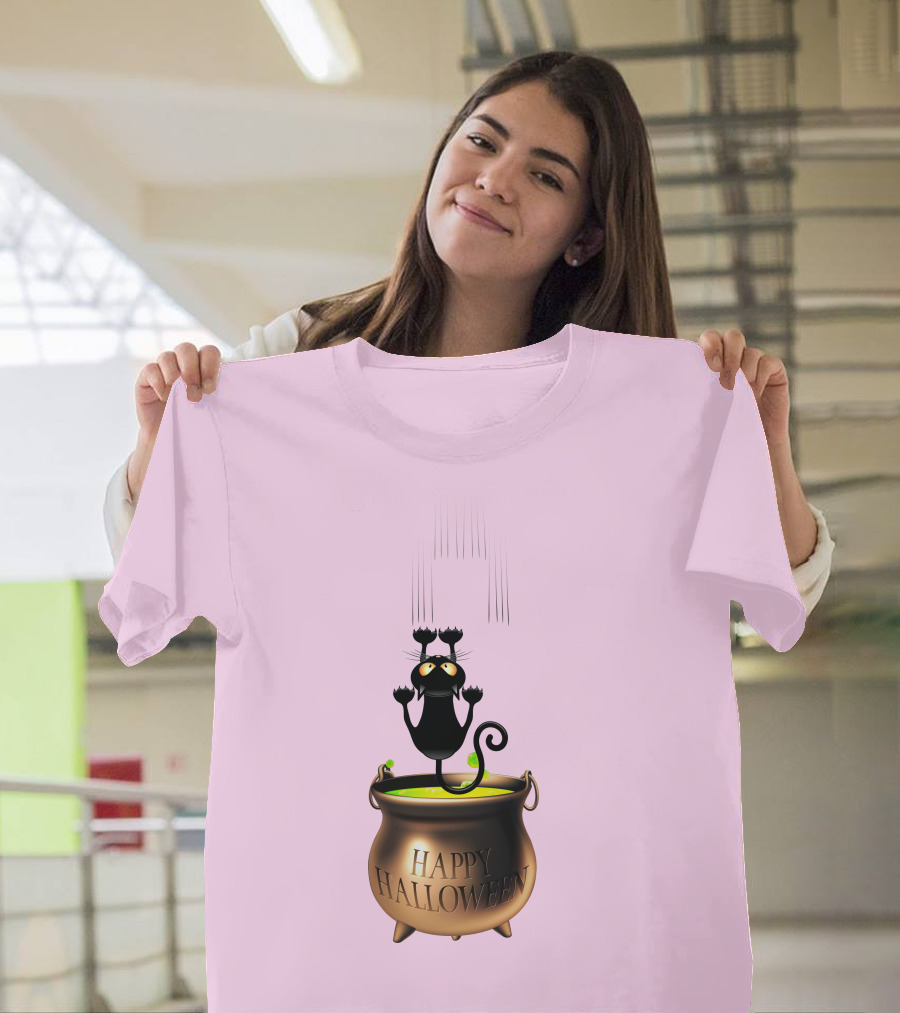 Happy Halloween Black Cat in Cauldron T-Shirt