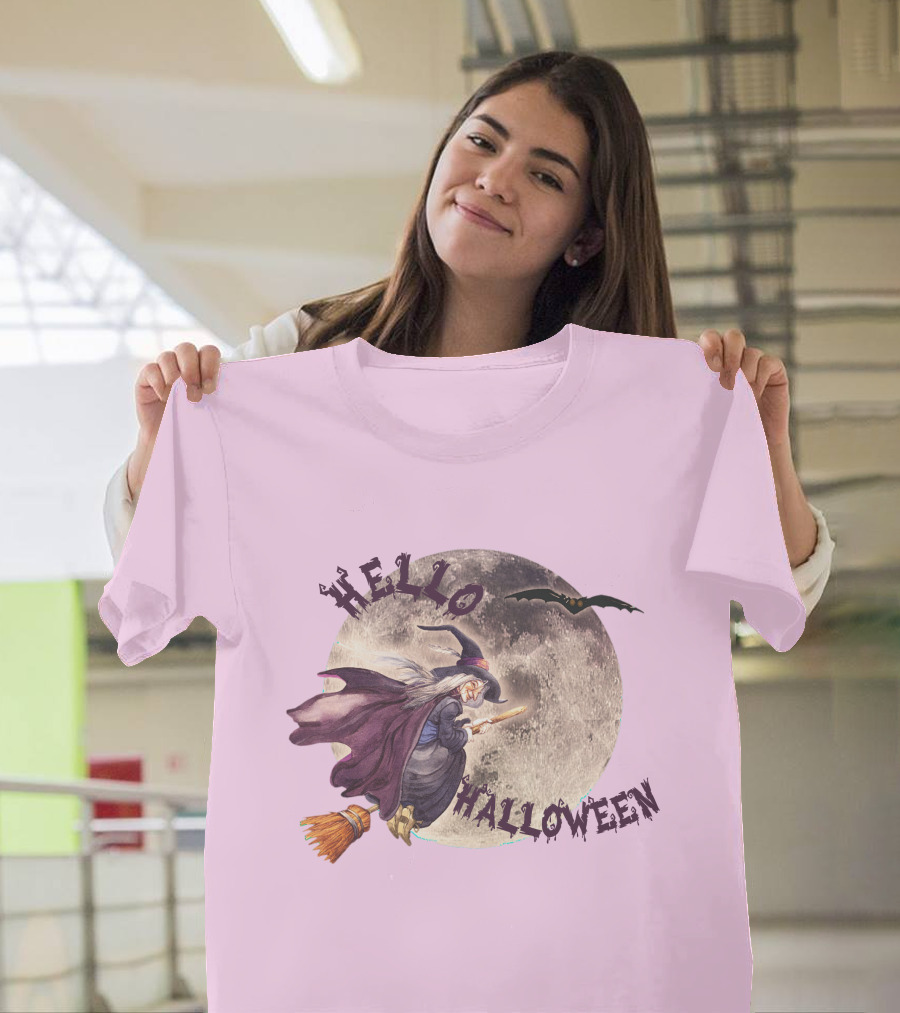Hello Halloween Witch Moon and Bat Scene T-Shirt