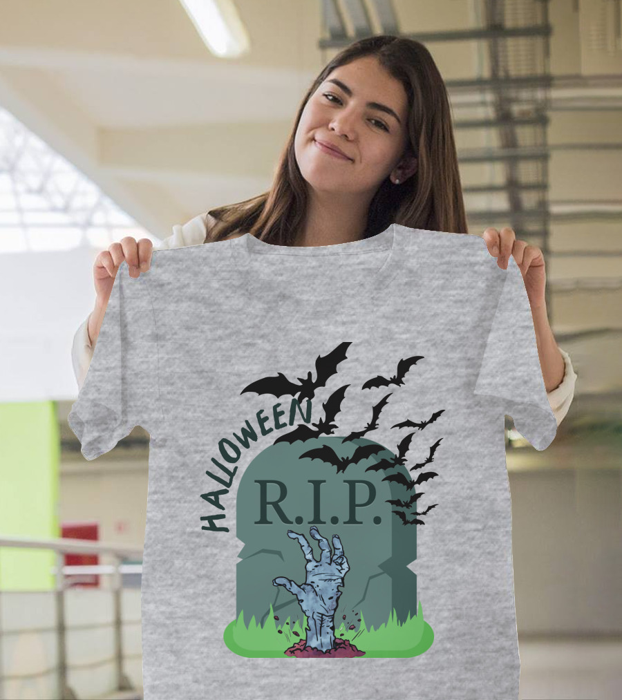 HALLOWEEN R.I.P. Tombstone with Zombie Hand and Bats T-Shirt