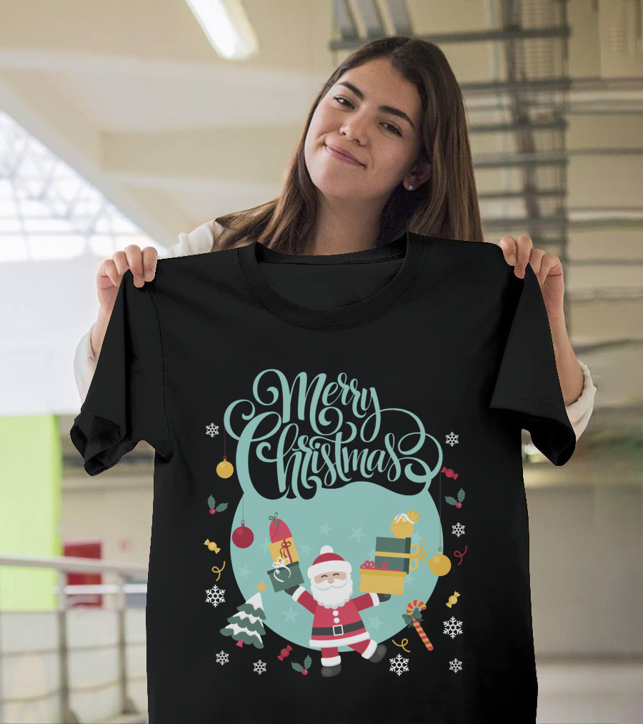 Merry Christmas Santa Carrying Gifts with Festive Decorations T-Shirt