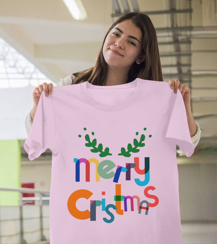 Merry Christmas Colorful Letters with Green Antlers Holiday T-Shirt