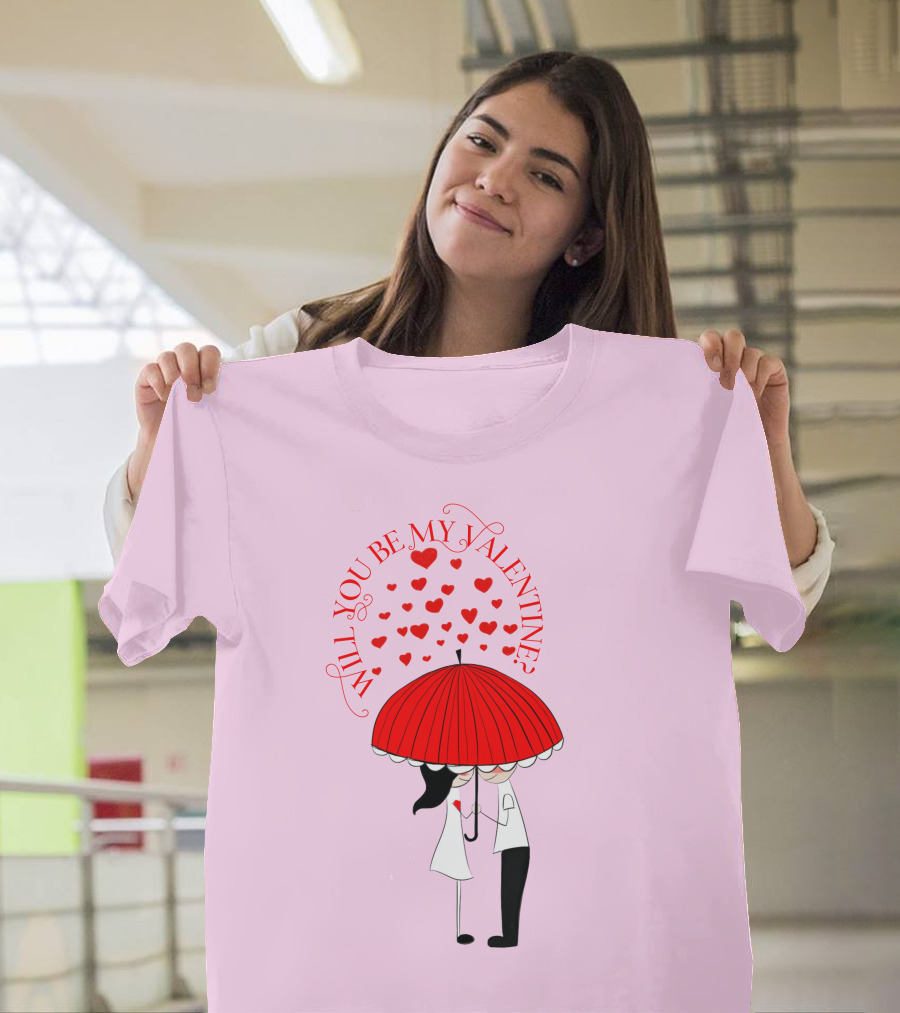 Will You Be My Valentine Red Hearts Under Umbrella T-Shirt