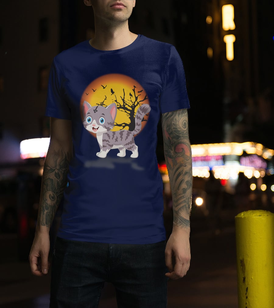 Cute Kittens Halloween Night Moonlit Landscape T-Shirt