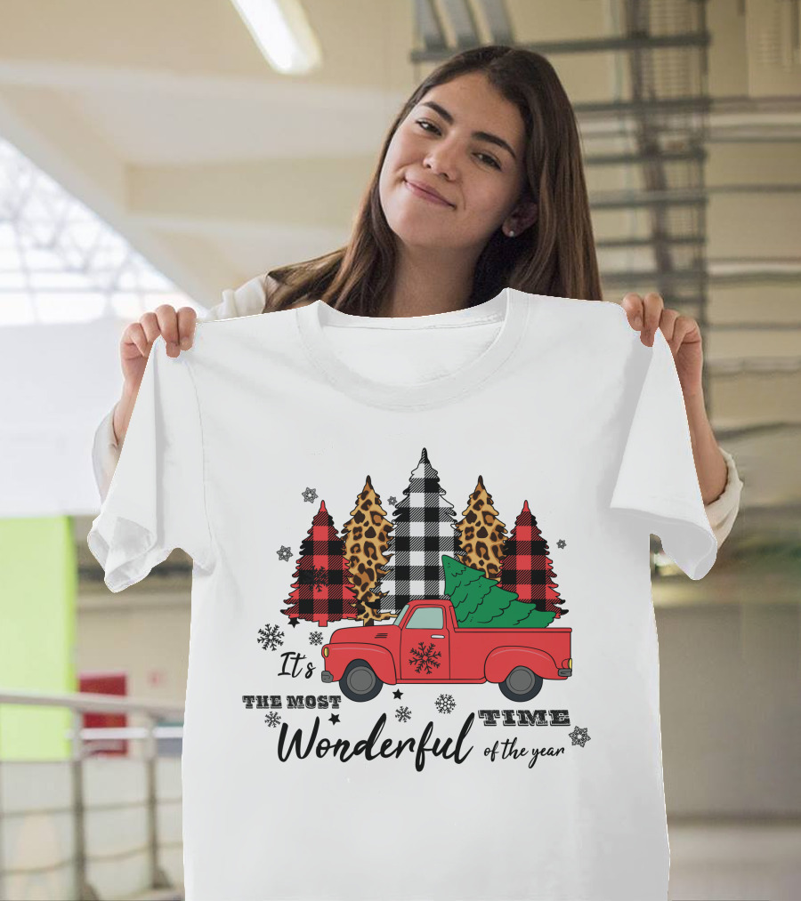 It's the Most Wonderful Time of the Year Plaid and Leopard Pine Trees Red Truck T-Shirt