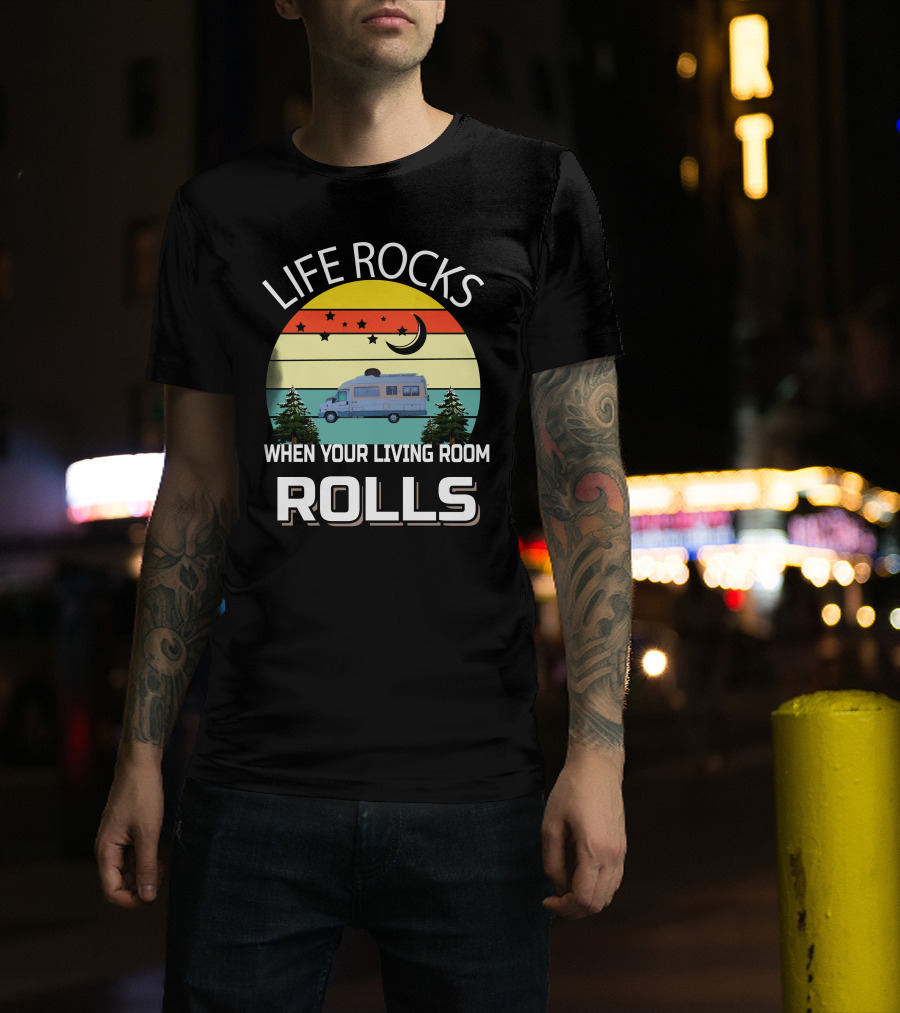 Life Rocks When Your Living Room Rolls Pilote Motorhomes Retro Sunset Campervan Scene T-Shirt