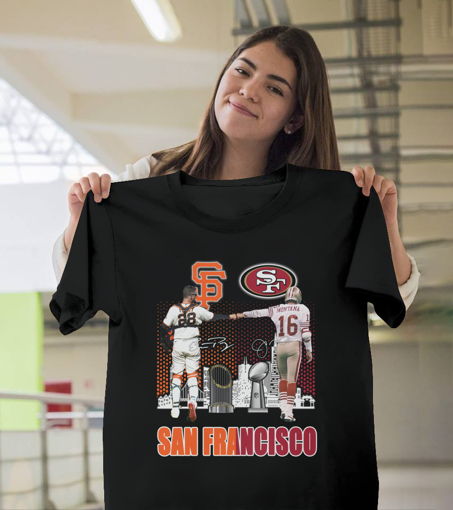 San Francisco Giants 49ers Buster Posey Joe Montana Championship Trophies T-Shirt