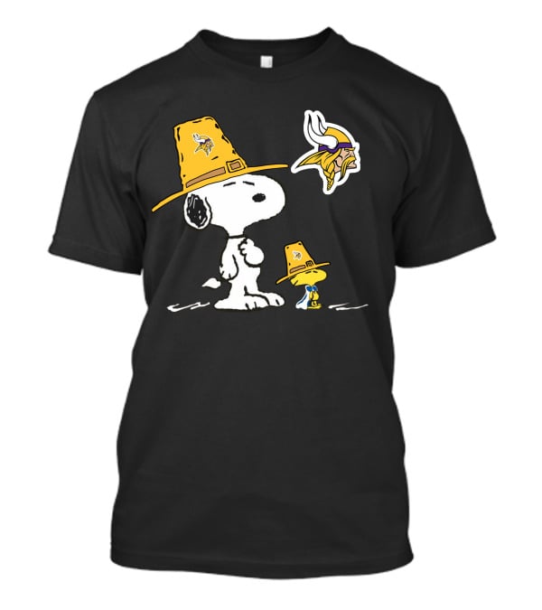 Vikings Snoopy And Woodstock Pilgrim Hats Nfl Mascot T-Shirt