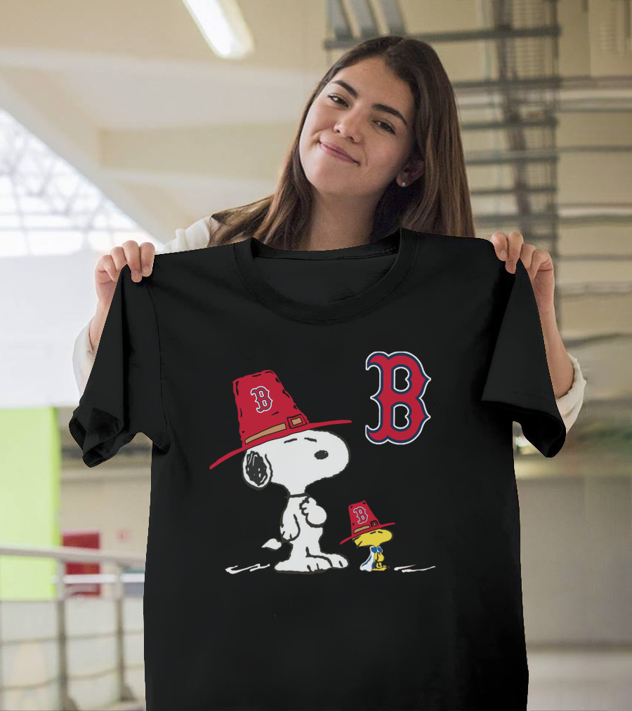 Boston Red Sox Snoopy Woodstock Wearing Team Hats T-Shirt
